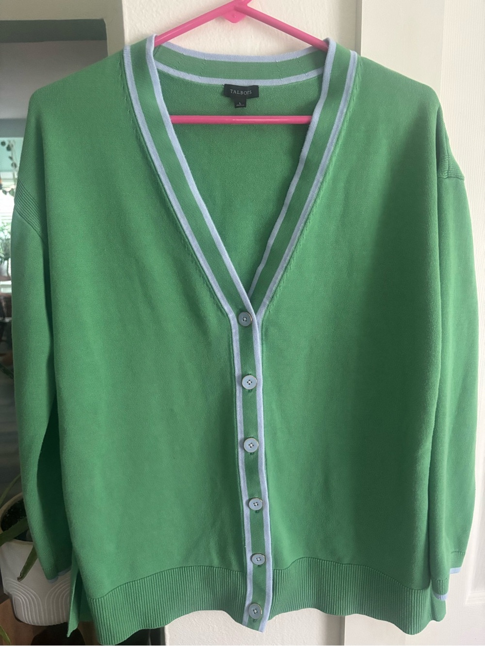 Talbots Bright Green Button-Front Cardigan with Light Blue Trim